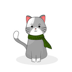 Happy cute grey cat wearing green scarf.