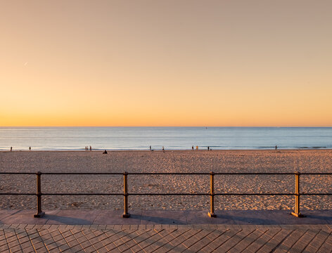 Sunset over the beach of Ostend in Belgium.