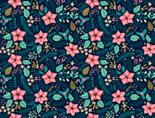 Seamless floral pattern with winter plants. Winter floral background. Colorful pattern with Christmas floral elements on a blue background. Holiday design for Christmas and New Year fashion prints.
