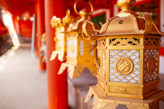 Green Bronze Gold metal lanterns in Kasuga Taisha Shinto shrine in Nara, Japan