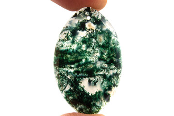 Isolated photo of a moss agate cabochon