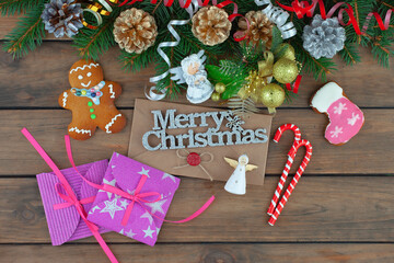 Merry Christmas and Happy New Year, postcard with gifts and Christmas decorations.