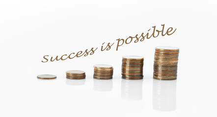 Coins in bars showing income growth. Professional success at work. Success is possible