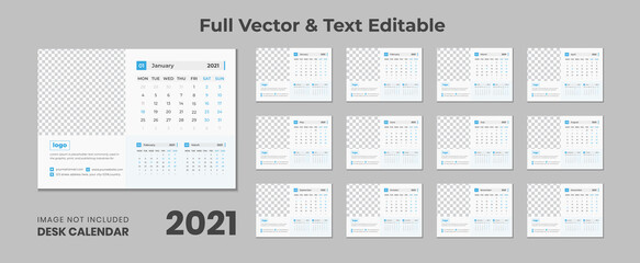 2021 desk calendar with blue layout,Blue desk calendar 2021,New Desk Calendar 2021 template - 12 months included,Happy New Year 2021 Desk Calendar,Calendar for 2021 year.Week starts Sunday. Flat style