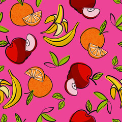 Seamless pattern with apples, oranges and bananas.