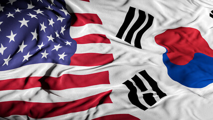 US - South Korea Combined Flag | United States and South Korea Relations Concept | American - Korean Relationship Cover Background - Trade, Business, Partnership, Peace - Illustration