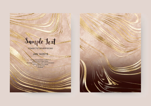 Elegant blurred celebration invitation cards with gold marble texture.