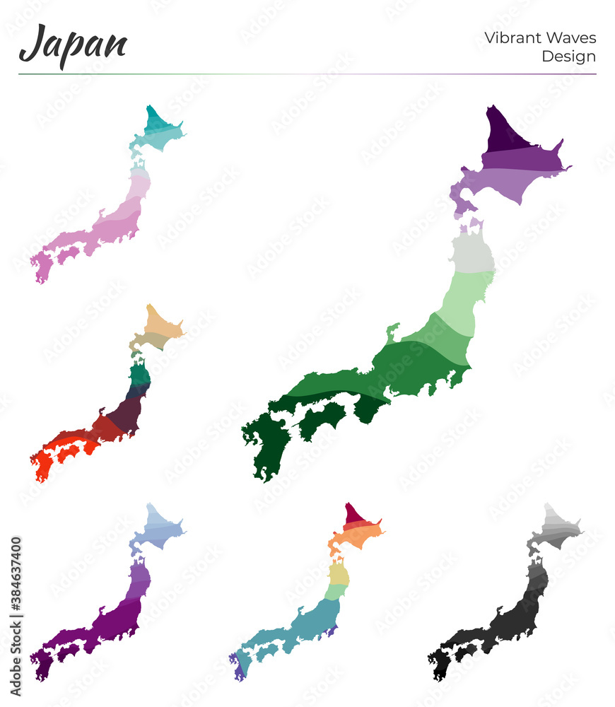 Poster set of vector maps of japan. vibrant waves design. bright map of the country in geometric smooth cur