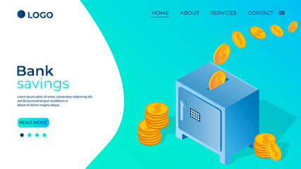 Bank savings.The Bank vault and the flying coins.The concept of banking operations and safety of funds.Isometric vector illustration.The template of the landing page.