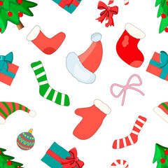 Christmas seamless pattern of festive items and green Christmas trees.New year symbols on a white background.Flat vector illustration.
