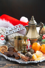 Merry Christmas, postcard with gifts and Christmas decorations.