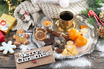 Merry Christmas, postcard with gifts and Christmas decorations.