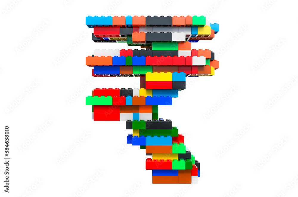 Poster rupee from colorful building toy blocks, 3d rendering