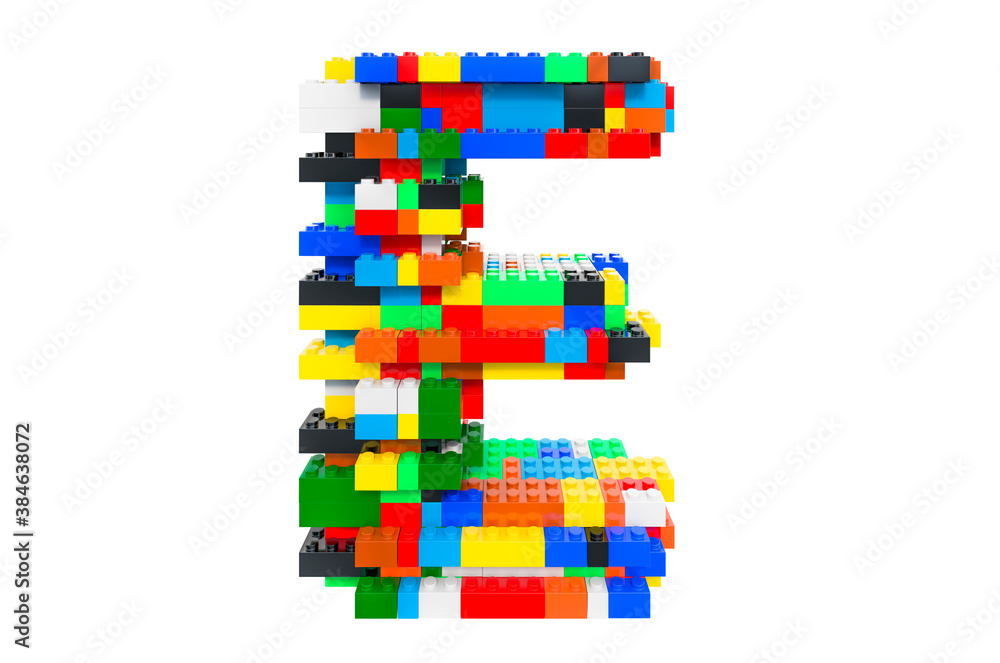 Poster letter e from colorful building toy blocks, 3d rendering
