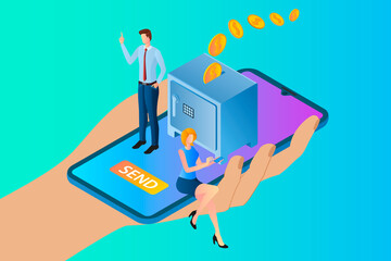 Online money transfers.People with a phone make Bank transfers.The concept of modern means of payment and banking operations.Isometric vector illustration.