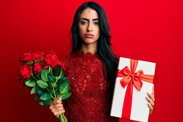 Beautiful hispanic woman holding anniversary gift and roses bouquet skeptic and nervous, frowning upset because of problem. negative person.