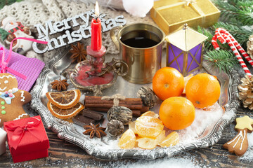 Merry Christmas card with gifts and coffee and Christmas decorations.