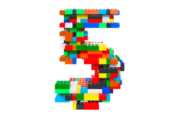 Number 5 from colorful building toy blocks, 3D rendering