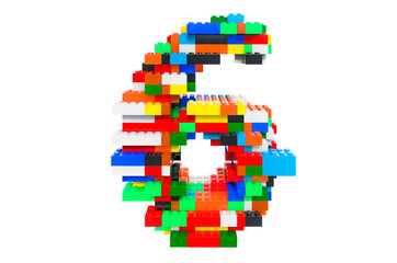 Number 6 from colorful building toy blocks, 3D rendering