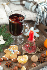 Merry Christmas, postcard with gifts and Christmas decorations.