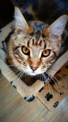 Maine Coon kitten looking up at master, maine coon cat portrait, selective focus