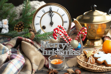 Merry Christmas and Happy New Year, postcard with gifts and Christmas decorations.