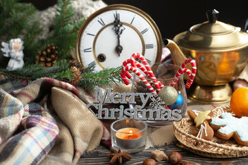 Merry Christmas card with gifts and, coffee and Christmas decorations.