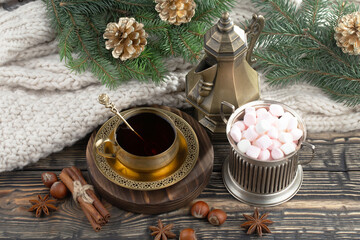 Merry Christmas, postcard with gifts and Christmas decorations.