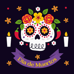 Sugar skull with flowers and candles, Day of the Dead