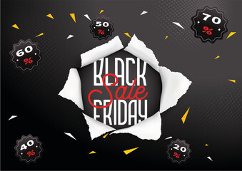 card or banner on black friday in white with discounts ranging from minus 20% to minus 70% on a gradient gray background
