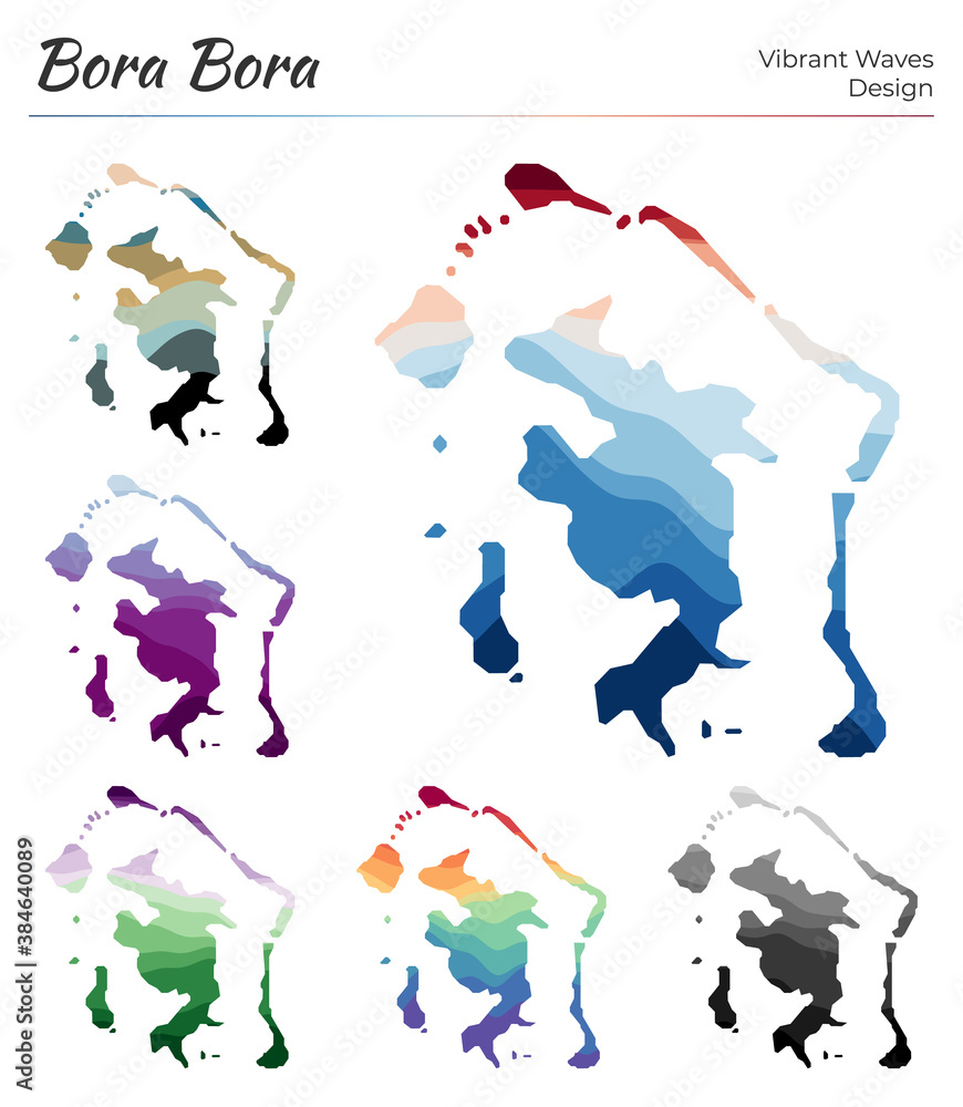 Poster set of vector maps of bora bora. vibrant waves design. bright map of island in geometric smooth curv