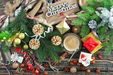 Fototapeta na wymiar Merry Christmas, postcard with gifts and Christmas decorations.