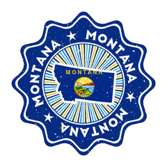 Montana round grunge stamp with US state map and state flag. Vintage badge with circular text and stars, vector illustration.