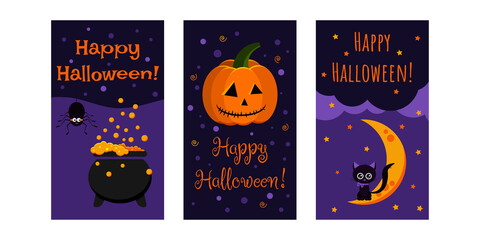 Happy Halloween greeting card set. Cute halloween character black cat on moon, orange pumpkin jack lamp, cauldron with poison and black spider. Vector cartoon flat style party flyer illustrations.