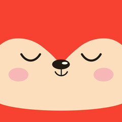 Cute sleeping fox face poster. Orange sleepy fox animal head kids background. Flat design cartoon style vector illustration.