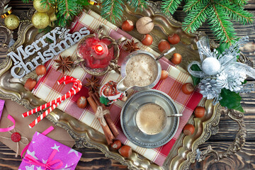 Obraz na płótnie Canvas Merry Christmas and Happy New Year, postcard with gifts and Christmas decorations.