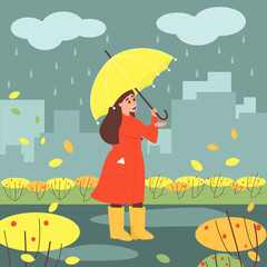 A girl stands with an umbrella in the rain. Happy little girl catches raindrops in her palm. Autumn colors in the city in rainy weather. Flat vector illustration.