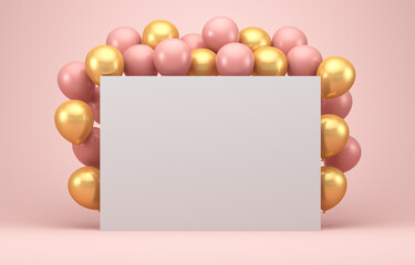 Fototapeta na wymiar Illustrations for advertising. Pink and gold glittering balloons on a pink background around a white blank board. 3d render illustration.