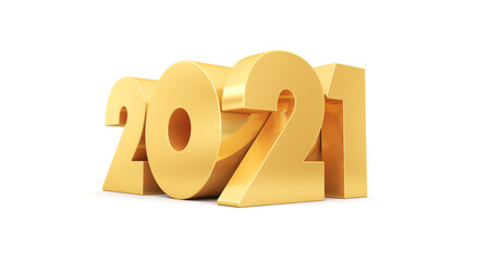 New Year. Shiny golden inscription 2021 isolated on white background. 3D rendering. Illustration for advertising.
