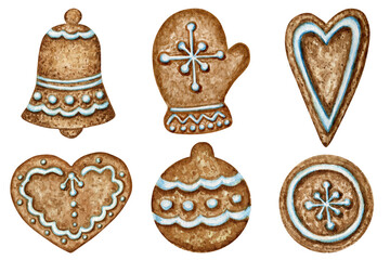 Christmas gingerbread cookies set, mitten heart bell winter holiday sweet food. Watercolor illustration isolated on white background. Xmas gift and tree decorations. Greeting card design concept