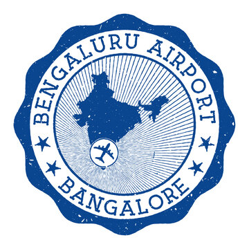 Bengaluru Airport Bangalore stamp. Airport of Bangalore round logo with location on India map marked by airplane. Vector illustration.