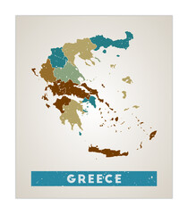 Greece map. Country poster with regions. Old grunge texture. Shape of Greece with country name. Astonishing vector illustration.