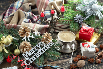 Merry Christmas and Happy New Year, postcard with gifts and Christmas decorations.