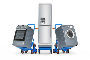 Delivery of household kitchen appliances concept. Hand trucks with fridge, washing machine and gas stove. 3D rendering