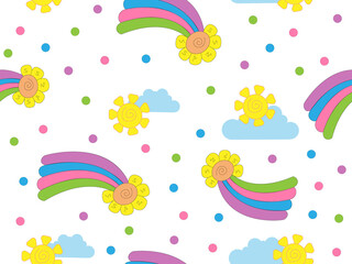 Seamless vector pattern with rainbow. Sun and clouds on children's print pattern. Cartoon rainbow and sun.
