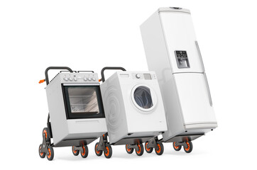 Hand trucks with fridge, washing machine and gas stove. Delivery of household kitchen appliances concept. 3D rendering