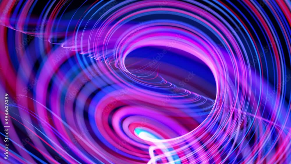 Poster motion graphics, sci-fi bg. stream of red blue neon lines form spiral shape, curls and pattern. abst