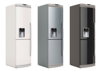 Refrigerators, silver, white and black colors, side views. 3D rendering