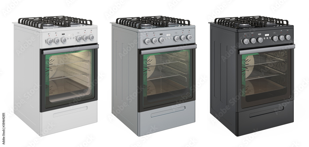 Poster set of freestanding gas ranges with oven, side view. 3d rendering