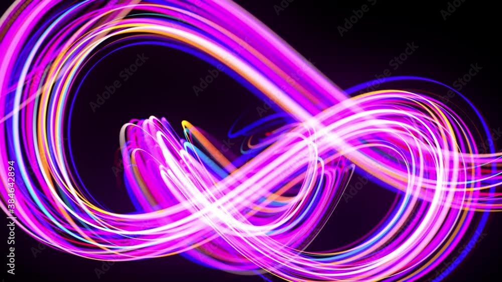 Poster motion graphics, sci-fi bg. stream of multicolor neon lines form spiral shape, curls and pattern. ab